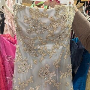 Jovani Strapless Champagne Floral Lace Wedding Dress